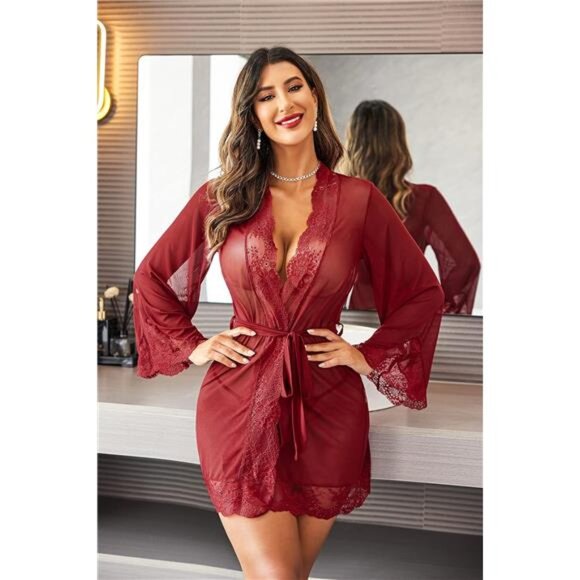 Other - Women Lace Kimono Robe Sexy Lingerie Wine Red